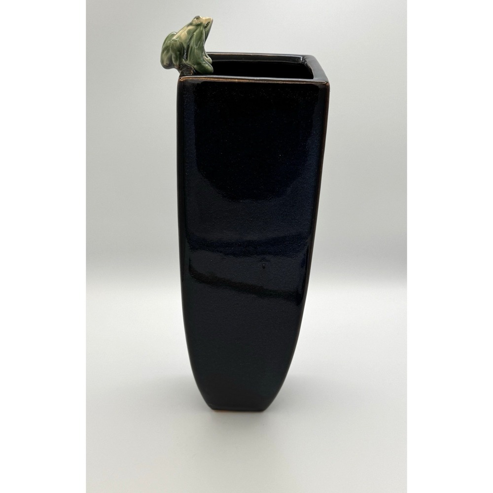 Tall Navy Blue Glazed Pottery Vase Frog Finial Modern Minimalist Decor 14" - Picture 2 of 9